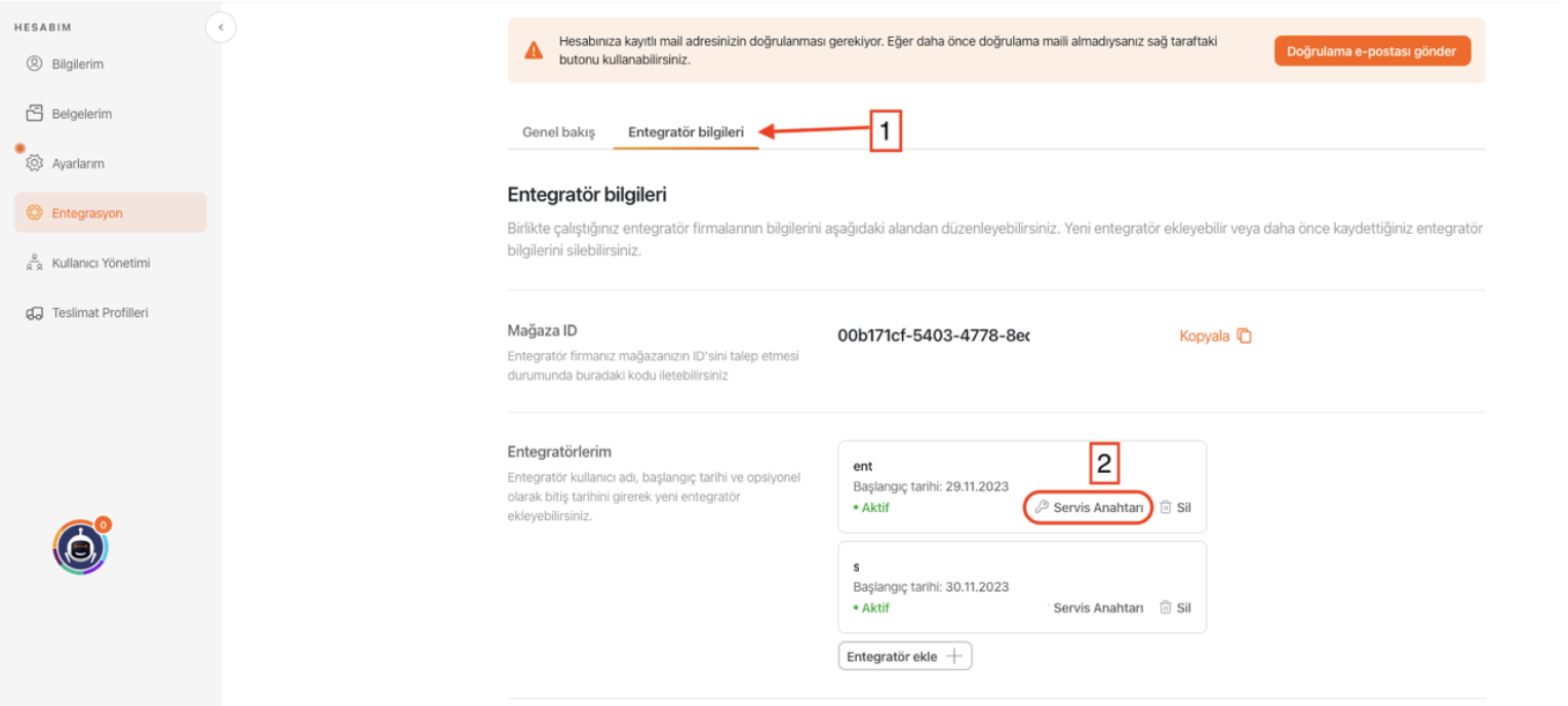 Hepsiburada - Entegratör Bilgileri sekmesi ve Mağaza ID